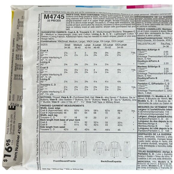 Men's Civil War Costume Sewing Pattern McCall's M4745 Size XM Small Medium Large - Picture 4 of 5